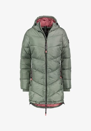 Padded green puffer jacket with a hood, featuring a pink lining, chevron quilting, and zip closures. Includes adjustable drawstrings at hem.