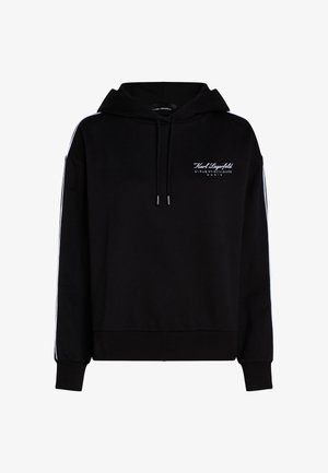 Schwarzer Hoodie mit weißem Textlogo vorne, weißen Streifen entlang der Ärmel, Kordelzugkapuze sowie gerippten Bündchen und Saum.