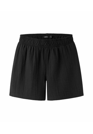 Shorts en tissu noir texturé avec ceinture élastique, coupe décontractée et détails froncés subtils à la taille.