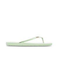 Lysegrønn flip-flop med teksturert såle, tynne stropper og fiskebensmønster; har en liten metallakcent på stroppen.