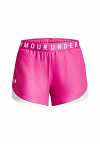 Rosa sportshorts med vita sidopaneler, elastisk midjeband med "ARMOUR UNDER" i vitt, och ett smidigt, lätt tyg.