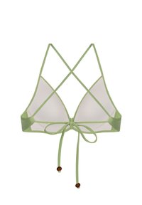 Zielony trójkątny biustonosz bikini z krzyżującymi się paskami, białą podszewką i regulowanym zapięciem na kokardę z elementami z drewnianych koralików.