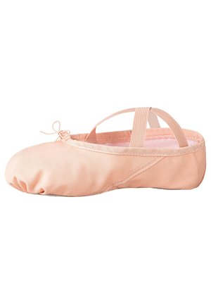 Rosa Ballerinas aus weichem Stoff, mit runder Zehenform, elastischen Riemen und gerafften Kanten für einen angenehmen Sitz.