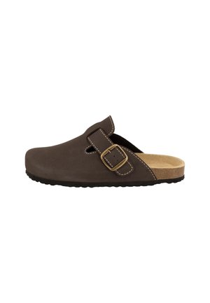 Zoccolo marrone slip-on con cinturino regolabile con fibbia, plantare imbottito e suola nera texturizzata per uso casual.