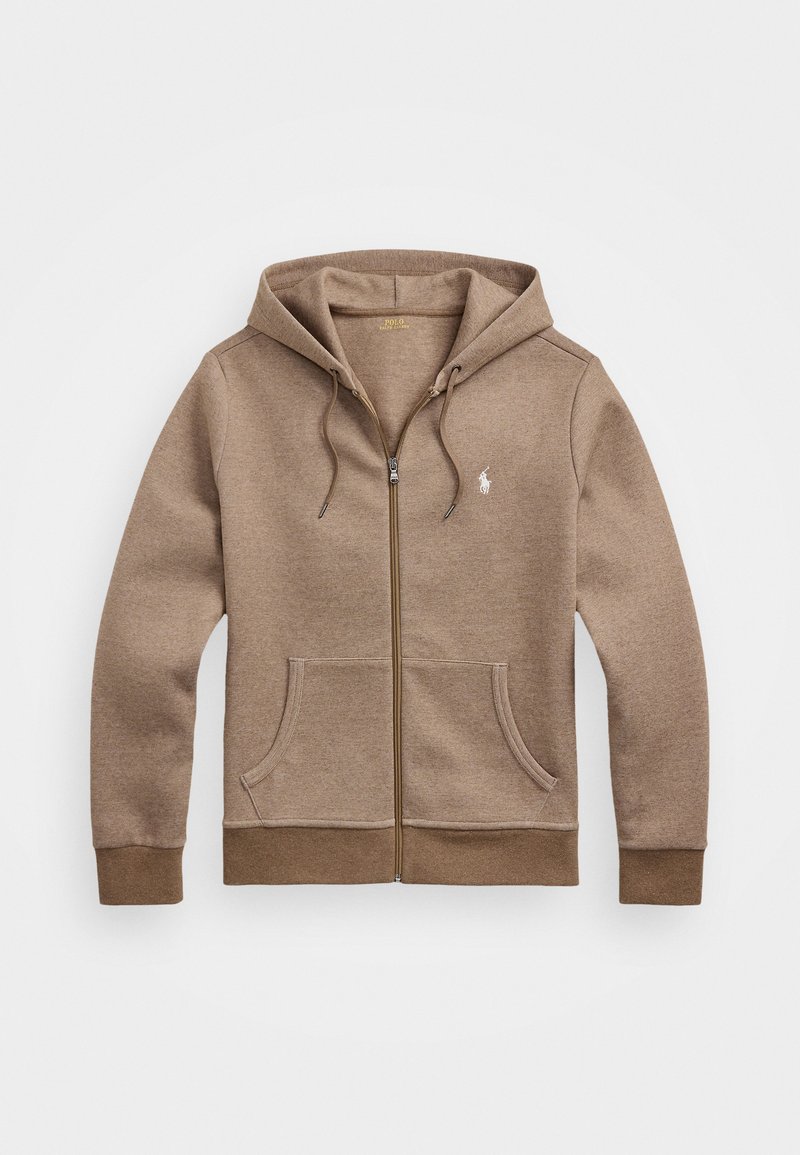 Brun zip-up huvtröja gjord av mjukt tyg, med en känguruficka, dragsko på huven, och en liten broderad logotyp på vänster bröst.