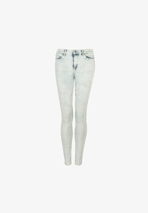 Jeans skinny in lavaggio chiaro, con una texture liscia, vita media, design a cinque tasche classico e dettagli di scolorimento sottili sulle gambe.
