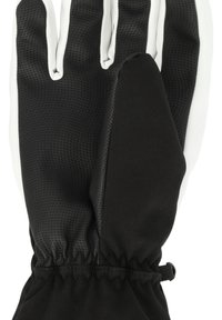 Svarta handskar med ett texturerat material på handflatan, släta vita accenter och ett elastiskt handled för en snug passform. Egenskapen är skräddarsydd fingerdesign.