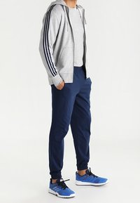 Sudadera gris con cremallera y rayas azul oscuro, combinada con pantalones jogger en azul marino y zapatillas deportivas azules. Presenta puños elásticos y un corte casual.