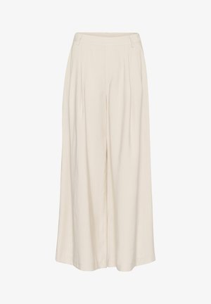 Pantaloni a gamba larga in tessuto beige chiaro, con vita alta, davanti plissettato e texture liscia. Senza hardware o motivi visibili.