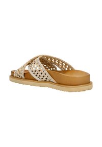 Sandali intrecciati beige con fasce incrociate, soletta in pelle marrone, suola testurizzata e design a piattaforma bassa per il comfort.