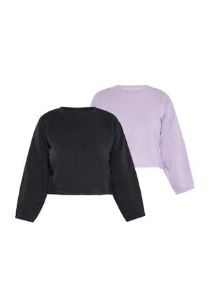 Zwei kurz geschnittene Sweatshirts mit langen Ärmeln, eines vorne schwarz und eines hinten helllila, beide mit rundem Halsausschnitt.