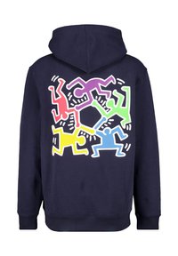 Sweatshirt à capuche bleu marine avec un design graphique coloré de figures abstraites en rouge, vert, bleu, violet et jaune au dos.