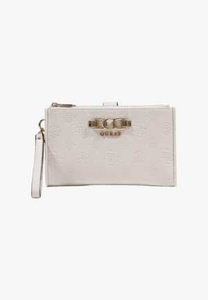 Pochette blanche Guess avec motifs de logo embossés, boucle en métal doré et fermeture éclair sur le dessus.