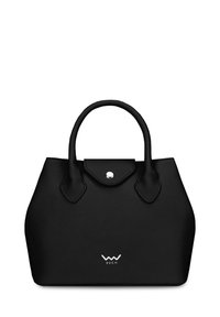 Black handbag with a structured shape, made of smooth material. Features a snap closure and short handles, with a logo displayed on the front.