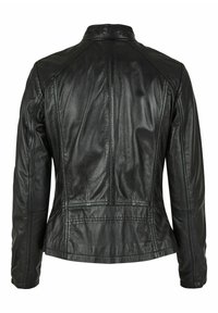 Schwarze Lederjacke mit einer taillierten Silhouette, die über Schulternähte und gestickte Details auf dem Rücken verfügt. Glatte Textur und hoher Kragen.
