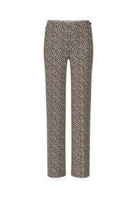 Leopard print trousers with a tapered leg, made from a soft fabric in beige and black, featuring an elastic waistband and no visible hardware.