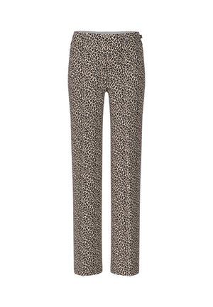 Leopard print trousers with a tapered leg, made from a soft fabric in beige and black, featuring an elastic waistband and no visible hardware.