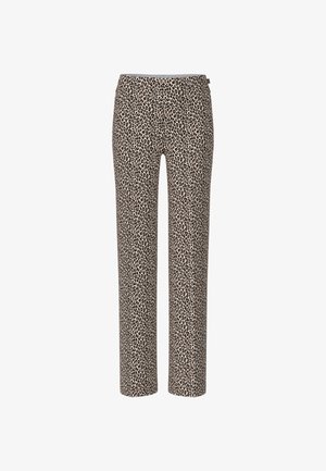 Leopard print trousers with a tapered leg, made from a soft fabric in beige and black, featuring an elastic waistband and no visible hardware.