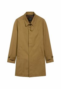 Brązowy trencz z zapięciem na guziki, długimi rękawami, bocznymi kieszeniami i czystym, minimalistycznym wzornictwem. Wykonany z gładkiego, lekkiego materiału.