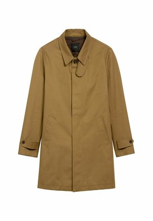 Brązowy trencz z zapięciem na guziki, długimi rękawami, bocznymi kieszeniami i czystym, minimalistycznym wzornictwem. Wykonany z gładkiego, lekkiego materiału.