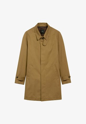 Brązowy trencz z zapięciem na guziki, długimi rękawami, bocznymi kieszeniami i czystym, minimalistycznym wzornictwem. Wykonany z gładkiego, lekkiego materiału.