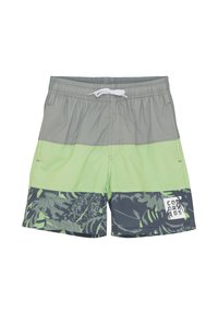 Herrbaddräkt med färgblock i grått och ljusgrönt, med ett tropiskt lövmönster och en resårmidja med dragsko.