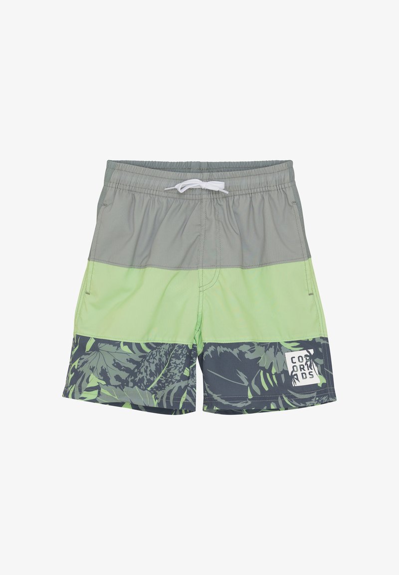Shorts de bain pour hommes présentant un design bicolore en gris et vert clair, avec un motif de feuilles tropicales et une taille élastique avec un cordon de serrage.