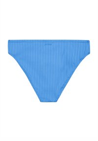 Mėlynos bikini kelnaitės su vertikalia juostelių tekstūra, vientisa spalva ir elastinga juosta. Juostos priekyje yra šviesios spalvos logotipas.