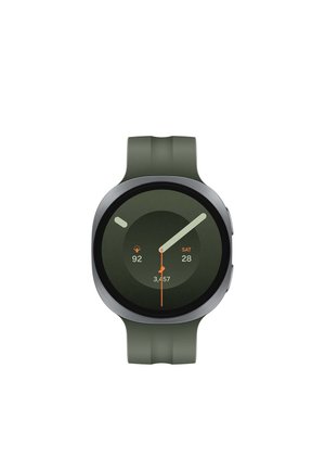 Smartwatch with a green strap showing time, date as Saturday 28, step count 3,457, and heart rate 92 bpm on the round digital display.