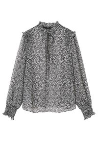 Blouse à motifs floraux noir et blanc avec un col haut, de longues manches smockées et un détail à nouer au col. Texture de tissu transparent.