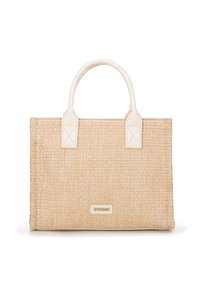 Geweven rieten handtas in natuurlijk beige met gladde witte faux leren accenten. Beschikt over twee handvatten bovenaan en een gelabeld metalen logo.