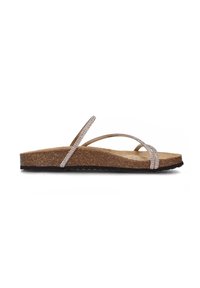 Cork wedge sandal with three thin, sparkling straps. Features a textured footbed and a rubber outsole with a zigzag pattern. Color: beige.