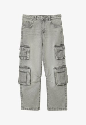 Pantaloni cargo grigi con vestibilità comoda, caratterizzati da molteplici tasche cargo, chiusura con bottoni e una texture di denim sbiadito.