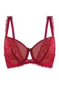 Roter Spitzen-BH mit gepolsterten Cups, glatter Textur, verstellbaren Trägern, gewelltem Spitzenbesatz und einem kleinen Schleifenakzent in der Mitte.