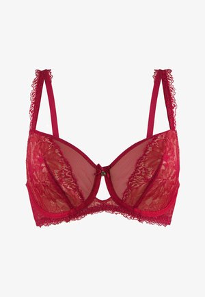 Czerwony koronkowy biustonosz z wyprofilowanymi miseczkami, gładką fakturą, regulowanymi ramiączkami, falbaniastym wykończeniem z koronki oraz małą kokardką po środku.