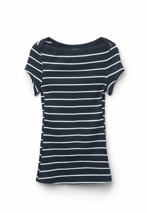 Camiseta de manga corta azul marino con rayas horizontales blancas, cuello redondo y corte ajustado.