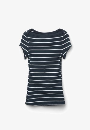 Marineblaues Kurzarmhemd mit weißen horizontalen Streifen, Rundhalsausschnitt und figurbetonter Form.