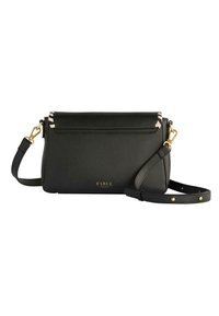 Sac bandoulière en cuir noir avec quincaillerie dorée, doté d'une fermeture à rabat et de surpiqûres roses. Sangle réglable incluse.