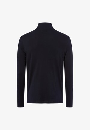 Czarna bluzka z długim rękawem i wysokim kołnierzem, wykonana z gładkiego materiału. Cechuje się prostym wzornictwem, bez widocznych wzorów czy akcentów.