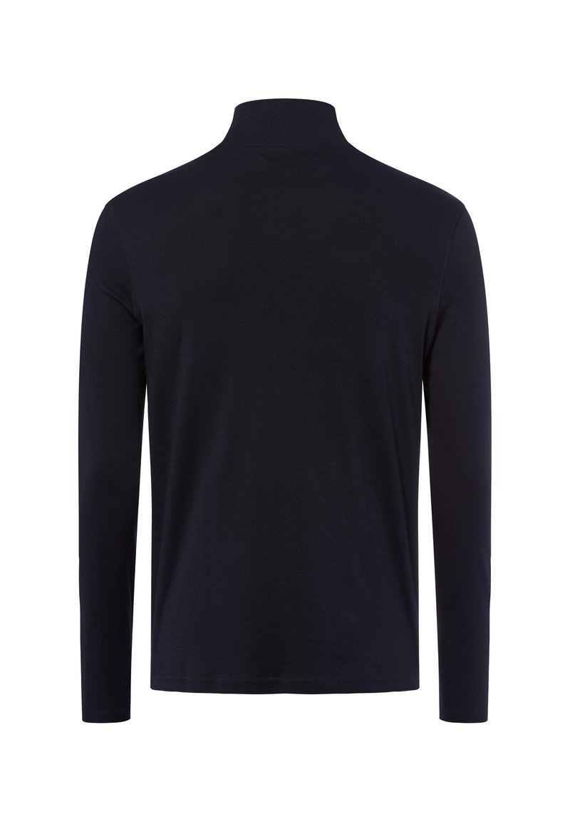 Czarna bluzka z długim rękawem i wysokim kołnierzem, wykonana z gładkiego materiału. Cechuje się prostym wzornictwem, bez widocznych wzorów czy akcentów.