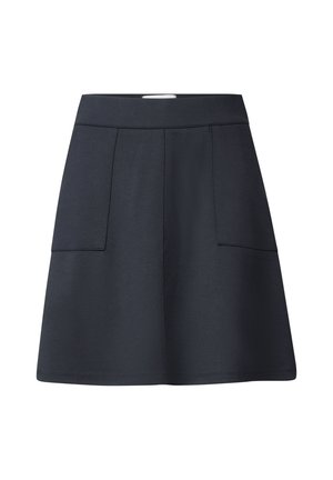 Black skirt with a fitted waistband, flared shape, and two front pockets. Made from a smooth fabric with a subtle texture.