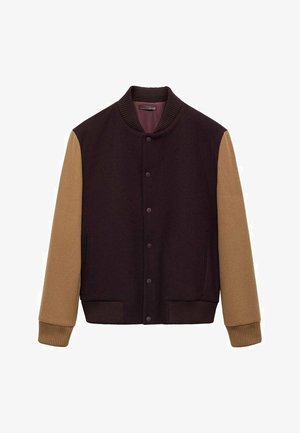 Męska kurtka bomberka w ciemnofioletowym kolorze z jasnobrązowymi rękawami. Posiada ściągacze u kołnierza, mankietów i u dołu, a także napy i boczne kieszenie.