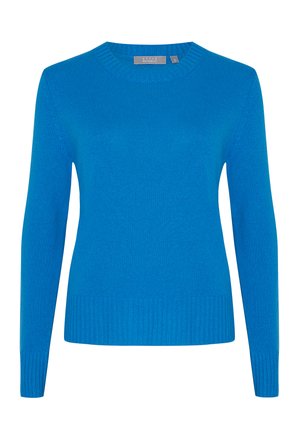 Maglione blu lavorato a maglia con scollatura a girocollo e polsini e orlo a costine. Realizzato in un tessuto morbido, presenta una texture liscia e un design aderente.