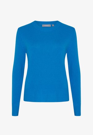 Maglione blu lavorato a maglia con scollatura a girocollo e polsini e orlo a costine. Realizzato in un tessuto morbido, presenta una texture liscia e un design aderente.