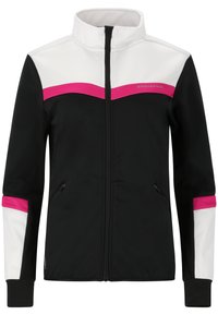 Svart idrottsjacka med vita och rosa detaljer, hög krage, full dragkedja, två sidofickor och en texturerad tygdesign.