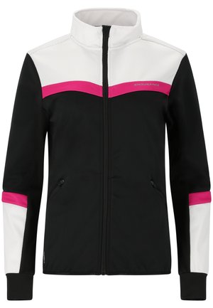 Svart idrottsjacka med vita och rosa detaljer, hög krage, full dragkedja, två sidofickor och en texturerad tygdesign.
