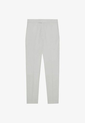 Hellegraue Hose mit maßgeschneiderter Passform. Sie verfügt über einen glatten, strukturierten Stoff, seitliche Taschen und einen normalen Bund ohne sichtbare Beschläge.