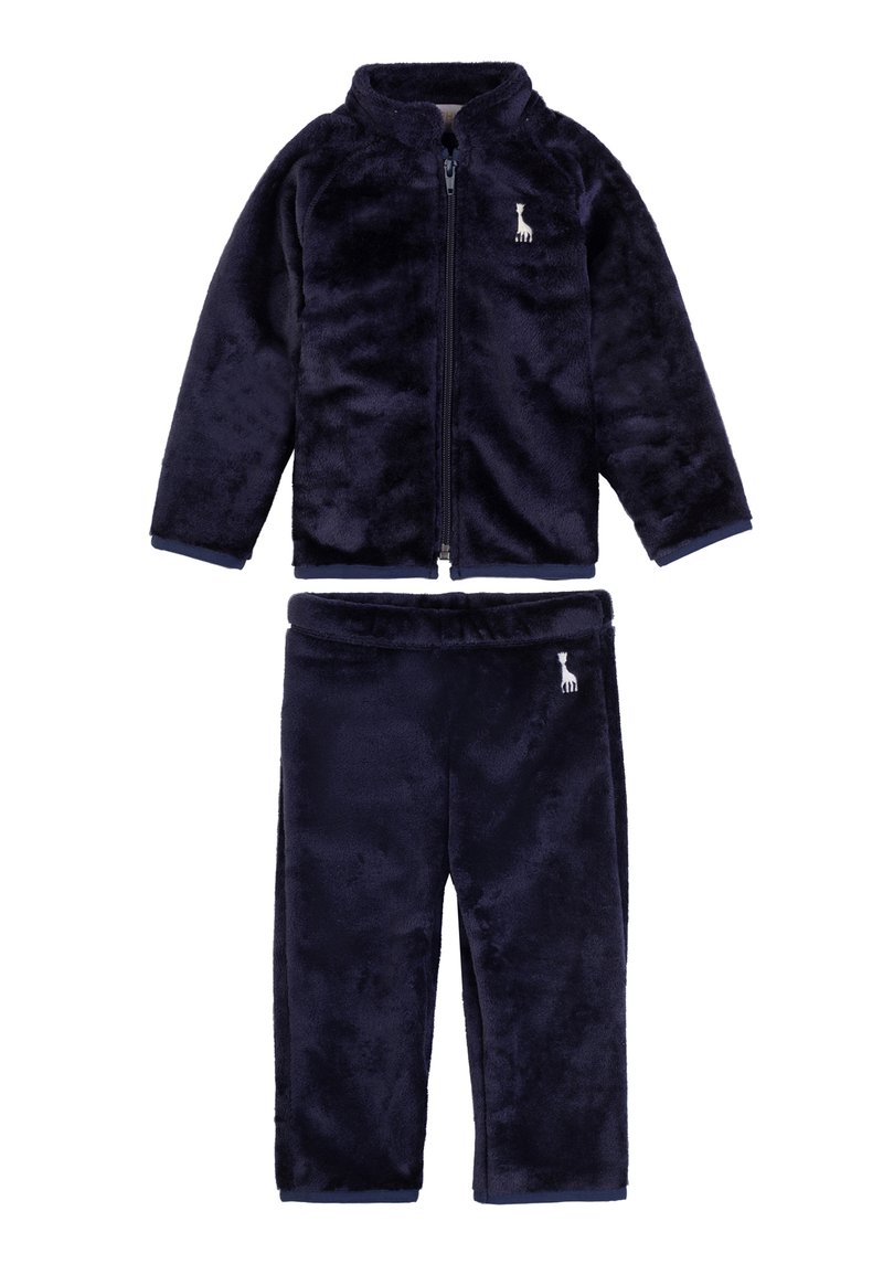 Tuta in fleece blu navy con giacca con zip e colletto alto, e pantaloni con vita elastica. Piccolo logo su entrambi i capi.
