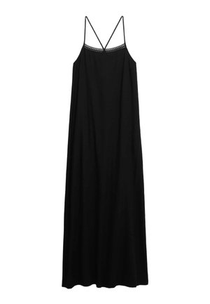 Abito lungo nero senza maniche con sottili bretelle a spaghetti e rifinitura in pizzo lungo lo scollo dritto.