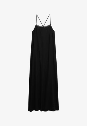 Schwarzes ärmelloses Maxikleid mit dünnen Spaghettiträgern und Spitzenbesatz entlang des geraden Ausschnitts.